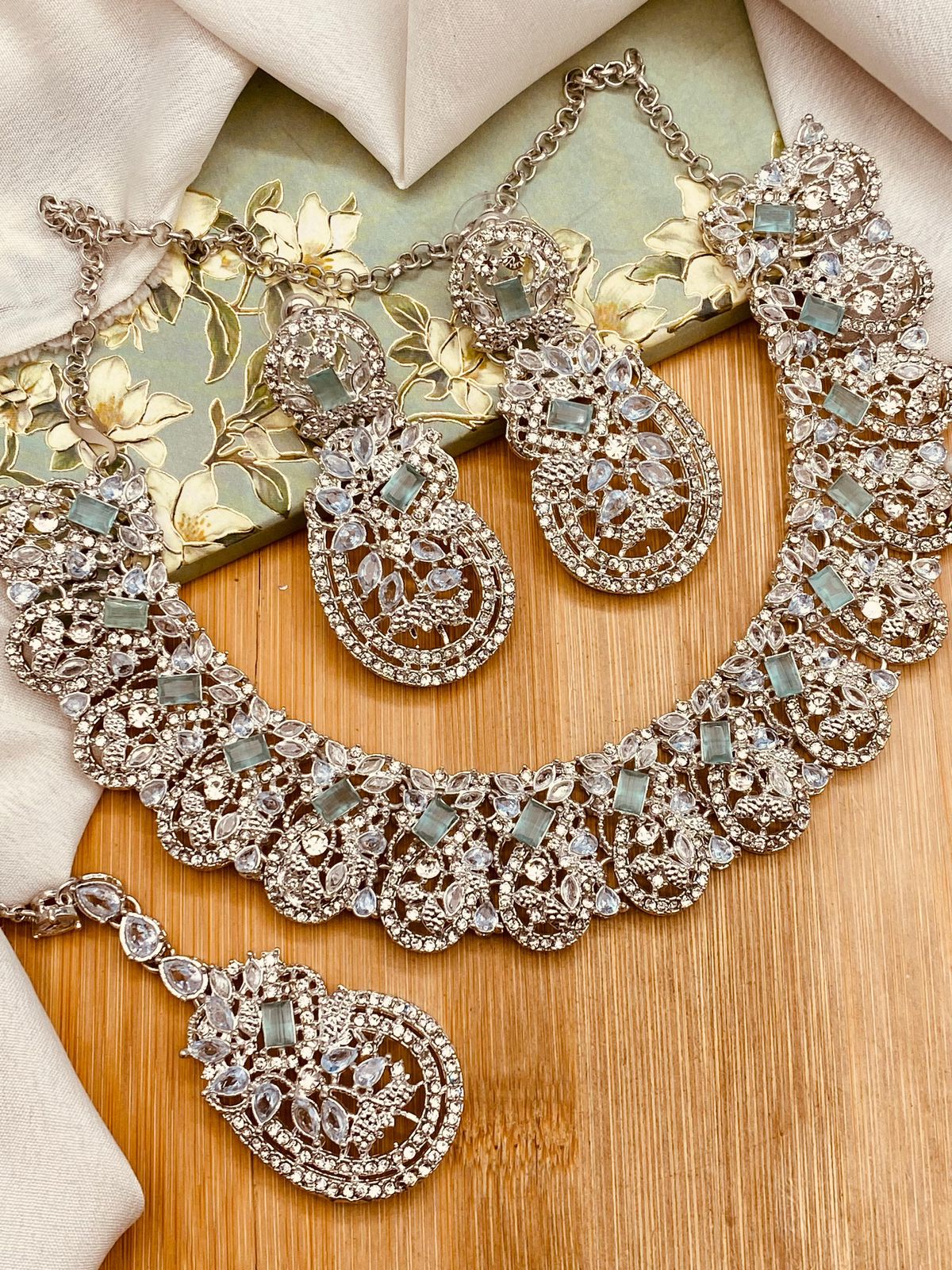 Afra Zarcon Necklace set Silver N-103 – Nayab Jewellery