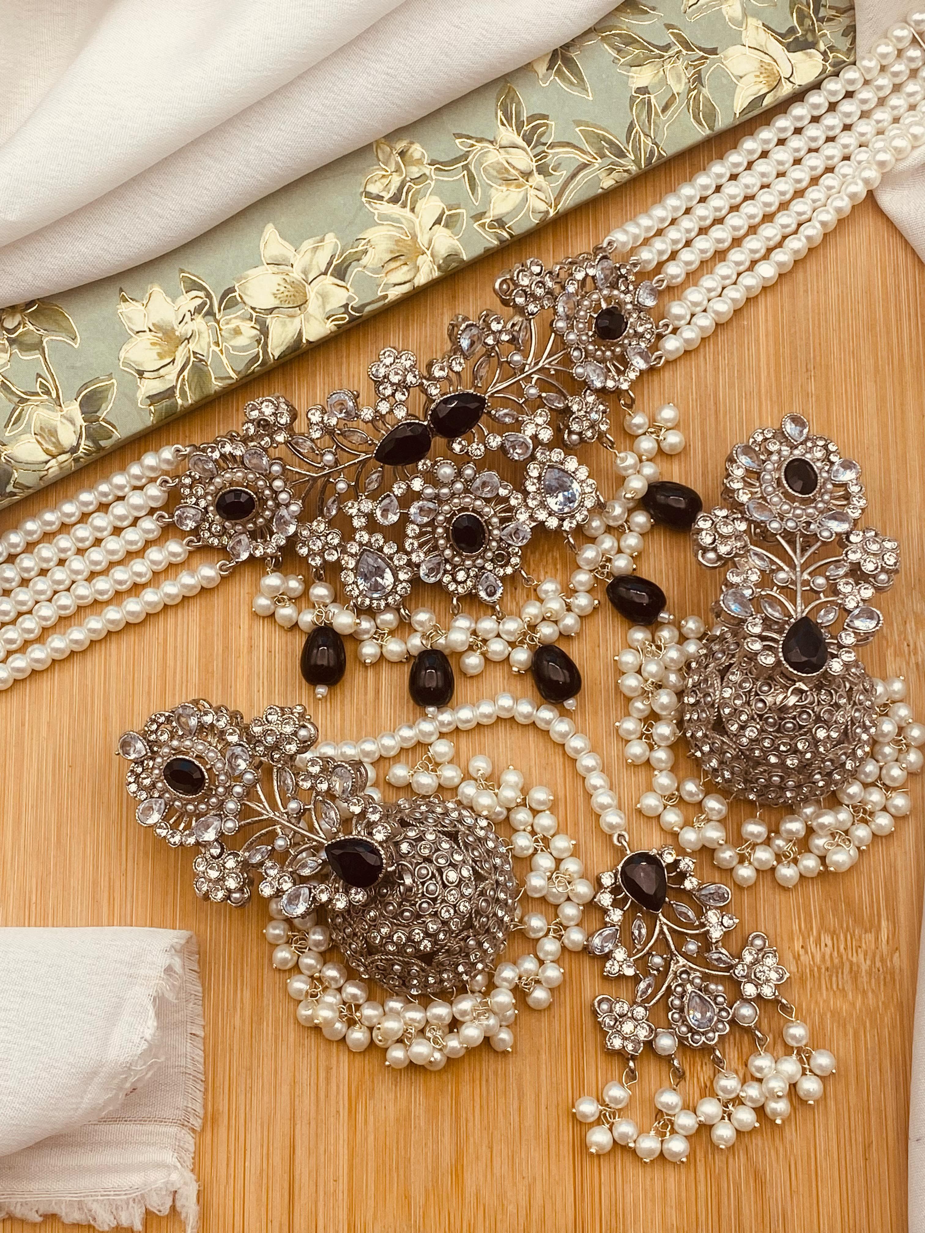 Zarcon Chokar set with Jhmka Tika NJ-1420-Silver Nayab Jewellery