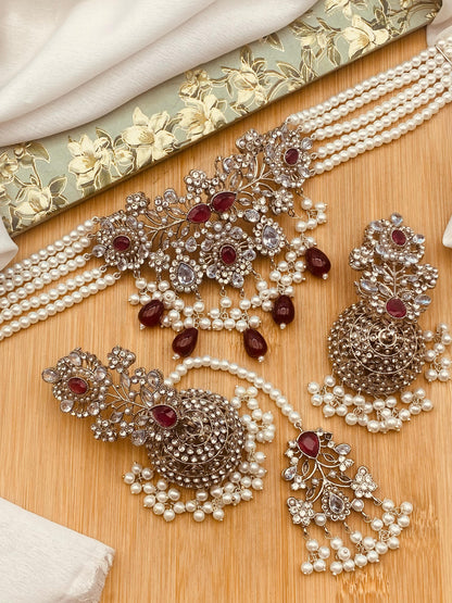 Zarcon Chokar set with Jhmka Tika NJ-1420-Silver Nayab Jewellery