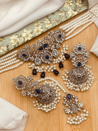 Zarcon Chokar set with Jhmka Tika NJ-1420-Silver Nayab Jewellery