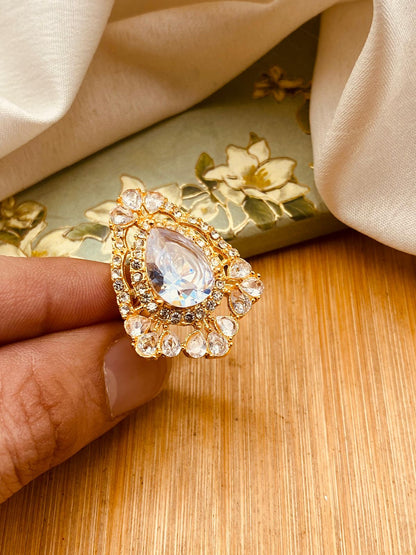 Zirconia Almond Ring (Adjustable)-2844-Golden