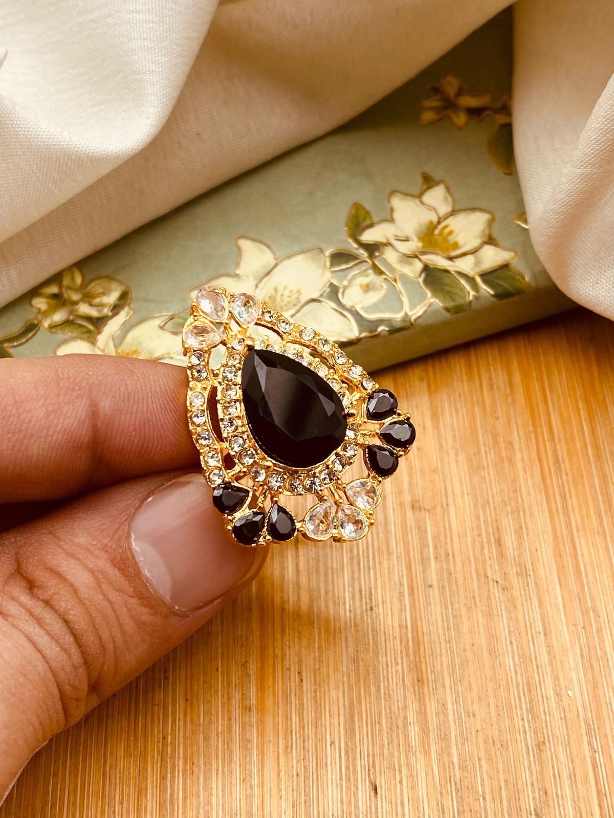 Zirconia Almond Ring (Adjustable)-2844-Golden