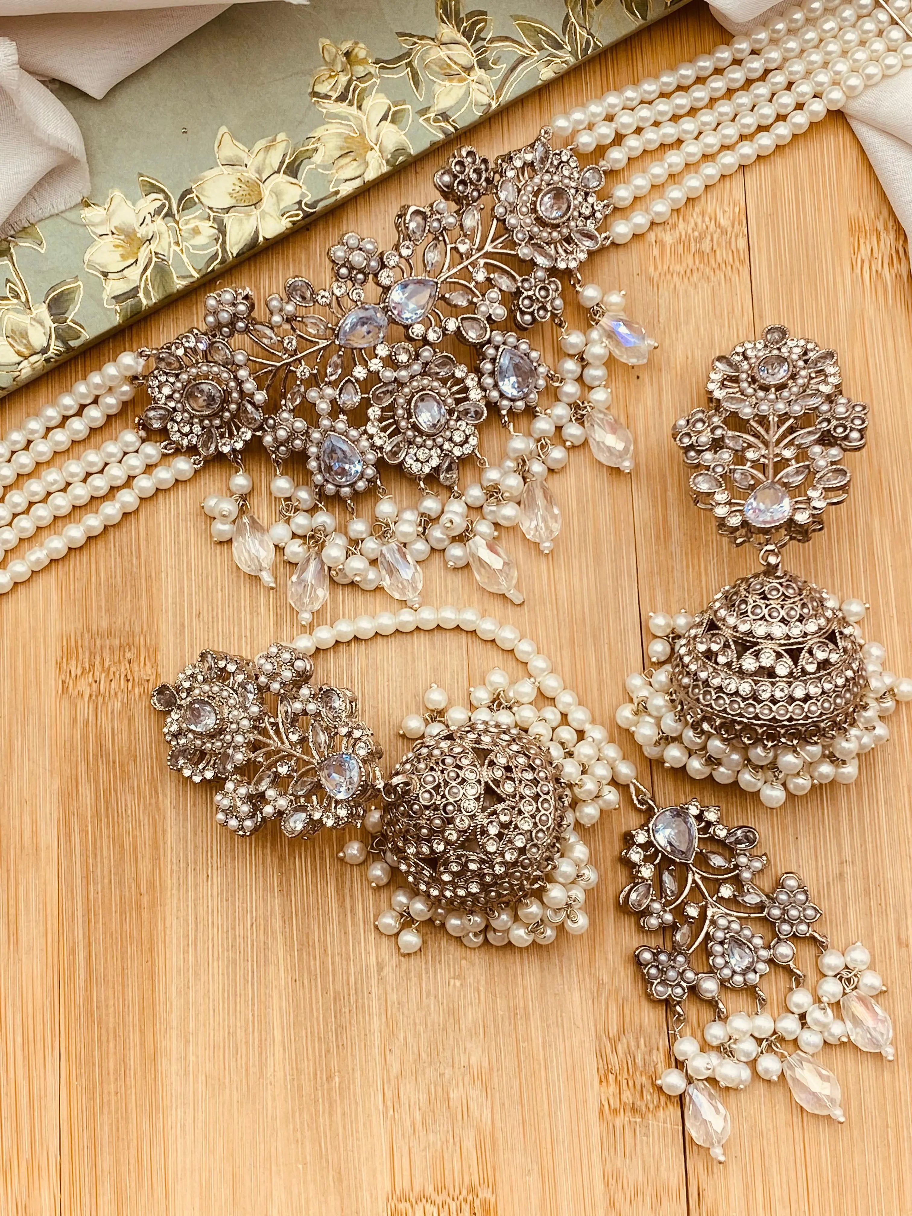 Zarcon Chokar set with Jhmka Tika NJ-1420-Silver Nayab Jewellery