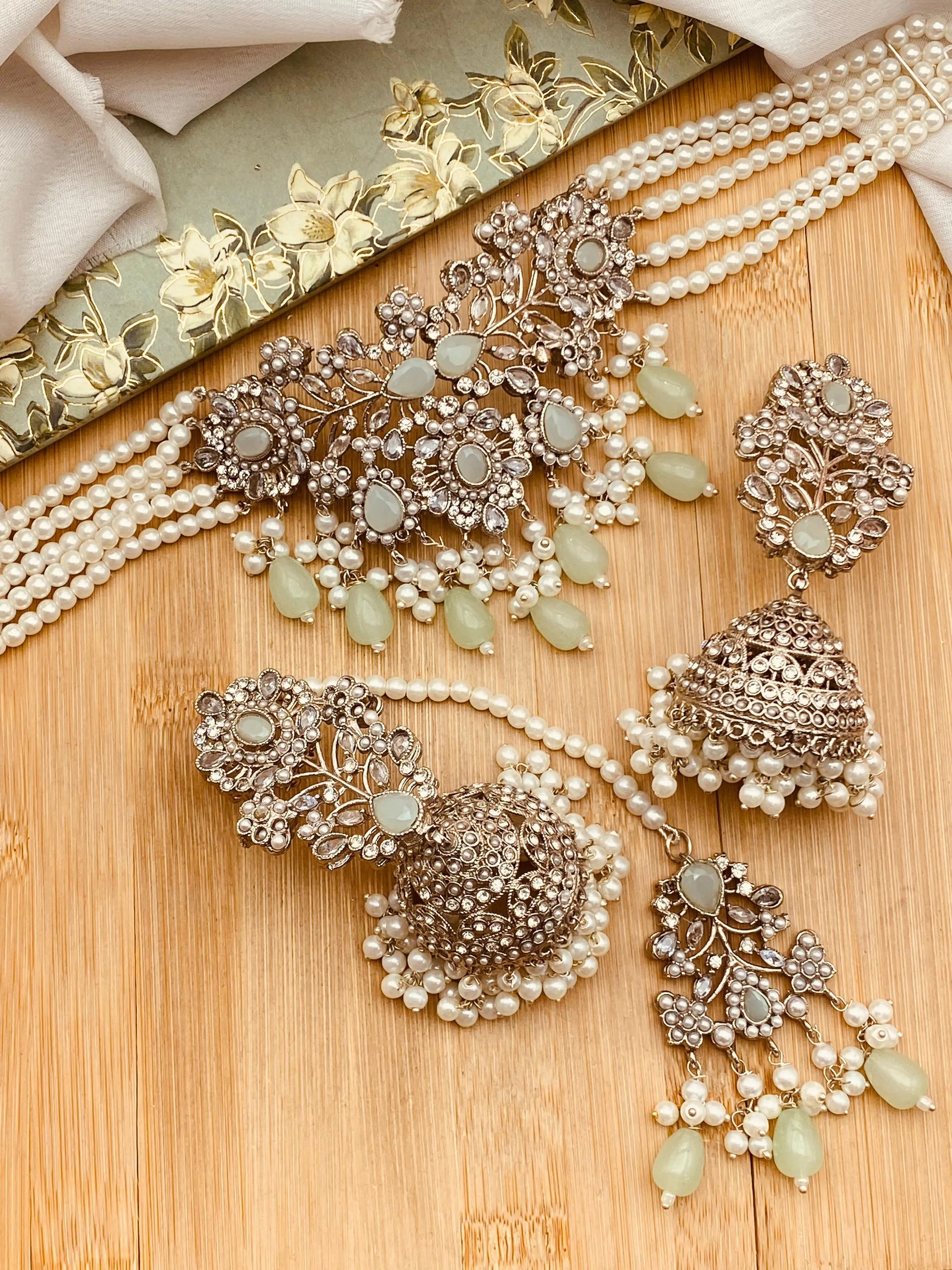 Zarcon Chokar set with Jhmka Tika NJ-1420-Silver Nayab Jewellery