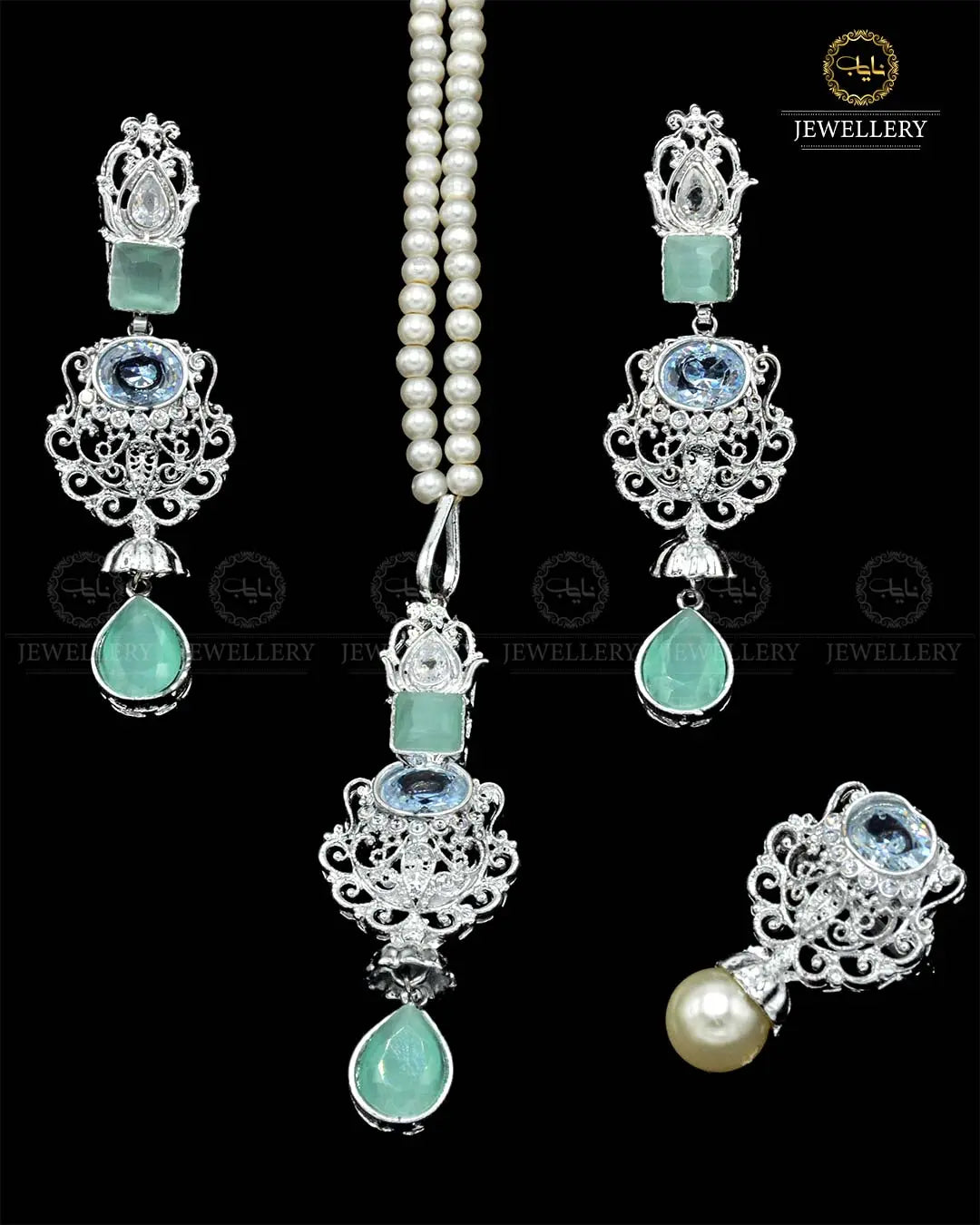 Zarcon Locket Combo set with pearl mala NJ-1857-Silver Nayab Jewellery