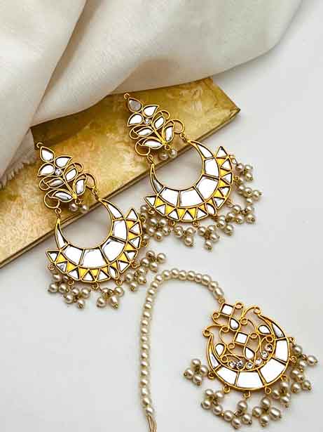 Mirror Kundan Earrings Tika Set NJ-1365